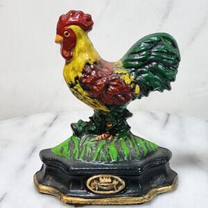 Colorful Vintage Cast Iron Rooster Door Stop - Hand-Painted Farmhouse Decor